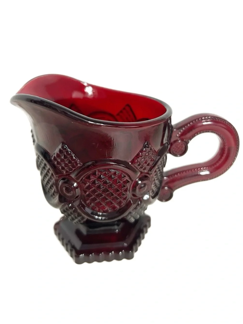 Vintage Avon Ruby Red Pressed Glass Creamer Pitcher Embossed Geometric Pattern